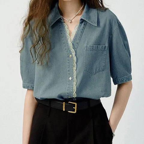 [핑크엘리제]레이스 데님 퍼프 셔츠 포시안데님셔츠