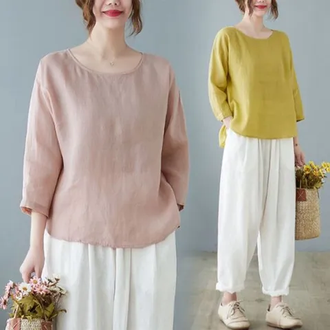 은창)소매 버튼 백 셔링 면 7부 티셔츠 여름 상의