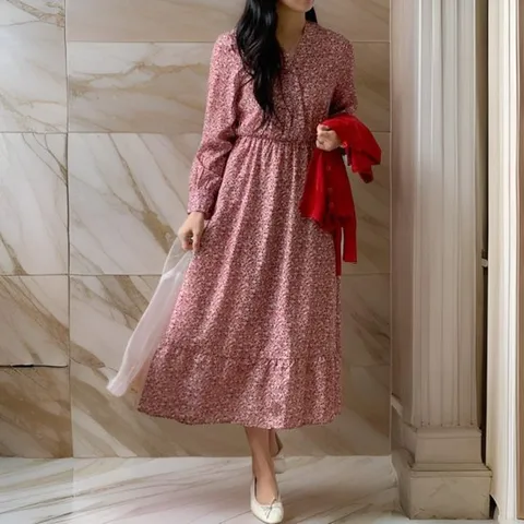 [옷자락]여자 쉬폰 꽃무늬 롱 잔잔 브이넥 원피스