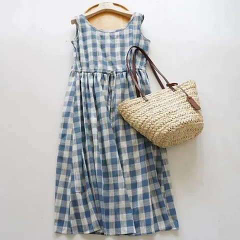 [바바라옷장]256058 - 블루체크 스트링 린넨면롱원피스 펀칭원피