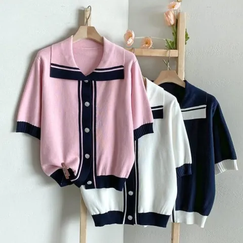 [미라클세븐][M7] 여자 모양 시보리 빅카라넥 반소매 가디건