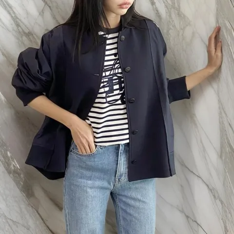 [옷자락]여자 심플무드 배색 노카라 봄 블랙 점퍼