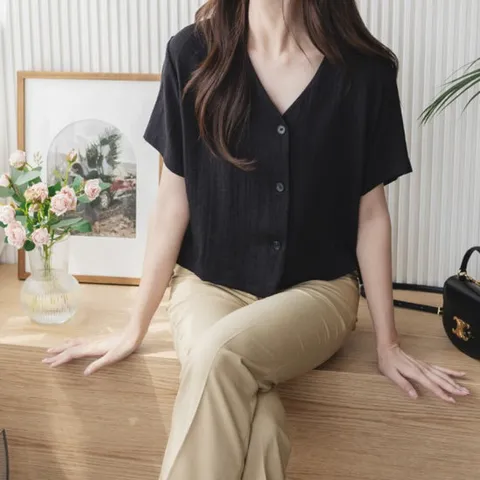 룰루제이 / 찰랑 코튼 브이넥 블라우스 자켓