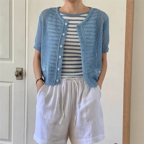 여름반팔 펀칭 스카시 단가라 가디건
