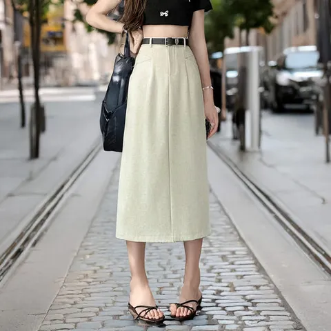 여성 여름 심플 레트로 스트레이트 백트임 치마