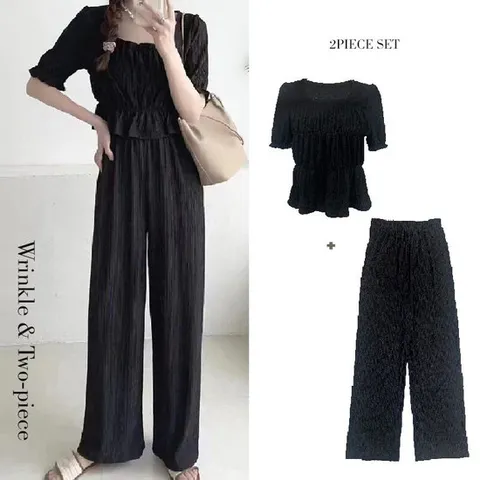 [폴앤폴]플리츠 스퀘어넥 셔링블라우스 팬츠 투피스 세트 HI-418