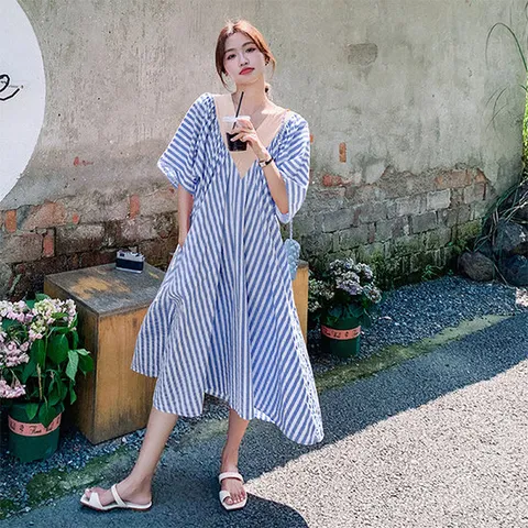 [아리엘스타일]스트라이프 브이넥 플레어핏 벤티네여름원피스