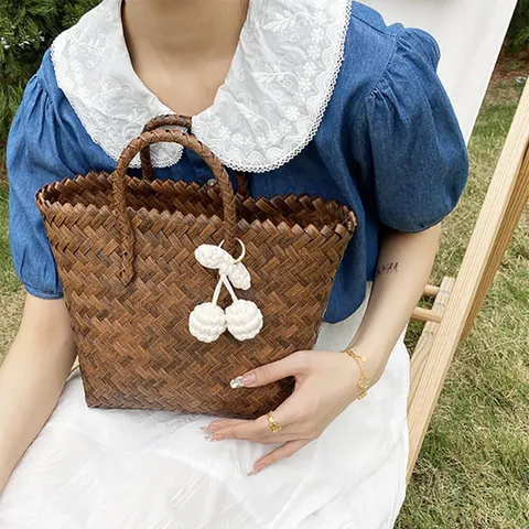 체리 위빙 라탄 토트백 가방 여성 여름 밀짚 라피아 휴가