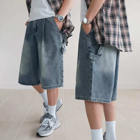 [쿼터]남자와이드데님반바지 카펜터 버뮤다팬츠 와이드 7부 청반