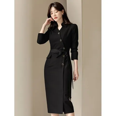 [시크라인](~XXL까지) 오픈 카라 벨트 H라인 원피스 봄 가을 오피스룩 하객룩 데이트룩 모임룩 미시룩