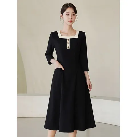 [시크라인](~XXL까지) 스퀘어넥 배색 단추 플레어 원피스 봄 가을 오피스룩 하객룩 데이트룩 모임룩 미