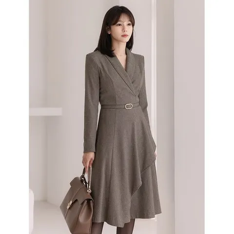 [시크라인](~XXL까지) 숄카라 헤링본 언발러플 벨트 플레어 원피스 겨울 오피스룩 하객룩 연말룩 모임룩