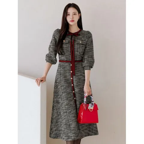 [시크라인](~XXL까지) 트위드 배색 리본 테이프 골드 버튼 원피스 겨울 오피스룩 하객룩 연말룩 모임룩