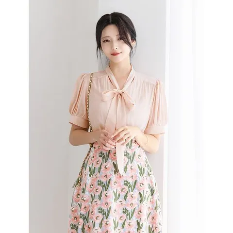 [시크라인](~XL까지) 리본넥 셔링 벌룬소매 크리즈 시스루 블라우스 여름 퍼프소매 크리즈 하객룩 오피