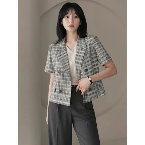 [시크라인](~XL까지) 래더 더블버튼 반팔 오픈 체크 자켓 여름 아우터 데일리 일상 캐쥬얼 출근룩 베이