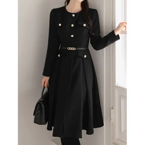 [시크라인](~XXL까지) 진주버튼 골드체인벨트 맞주름 플레어 트위드 원피스 겨울 하객룩 모임룩 격식룩