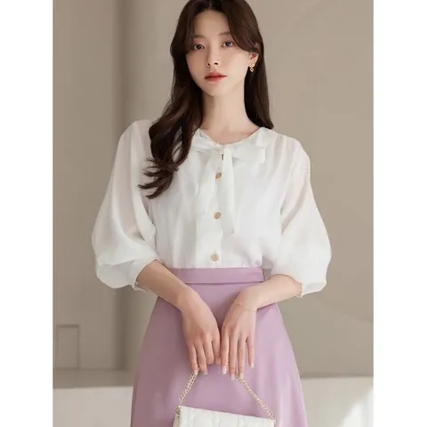 [시크라인](~XXL까지) 타이넥 골드 단추 핀턱 퍼프 슬리브 블라우스 봄 가을 데일리 일상 캐쥬얼 출근룩