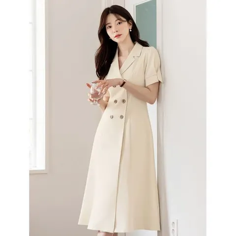 [시크라인]매니크 퍼프 소매 더블 버튼 플레어 원피스 빅사이즈/오피스룩/하객룩