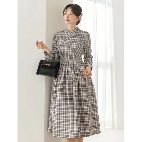 [시크라인]해련 체크 패턴 철릭 원피스 빅사이즈/생활한복/명절/모임룩