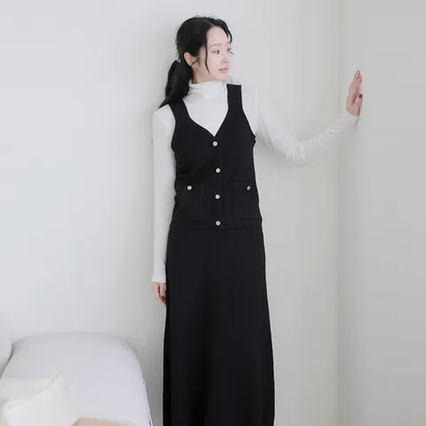 [르포엠]아르엔 메탈 니트 베스트 스커트 3종 셋업