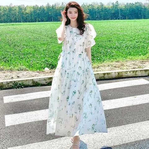 여성 체형커버 퍼프소매 A라인 쉬폰 롱 원피스