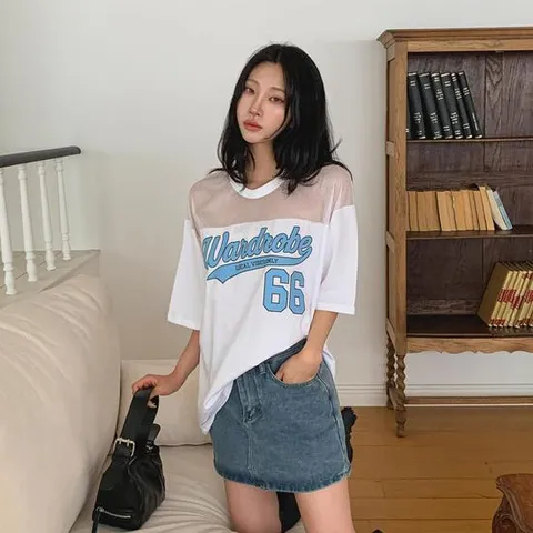 여성용 스포츠 메쉬 레터링 박스 반팔 티셔츠