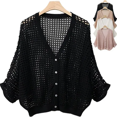 루즈핏 그물 망사니트/브이넥 여름가디건/빅사이즈CD/시스루/7부/반팔/미시원피스코디/하얀비