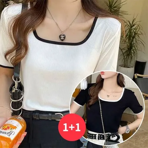 나바바 / NT2727 여성 1 + 1 골지 스퀘어넥 크롭 반팔 티셔츠