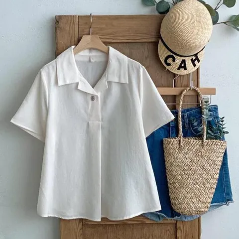 여성 무지 컬러 원버튼 카라 반팔 블라우스