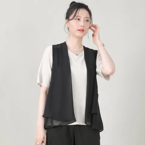 애비뉴투지 엄마옷 레이어드 쉬폰 시스루 가벼운 오픈형 여름 조끼 V07519