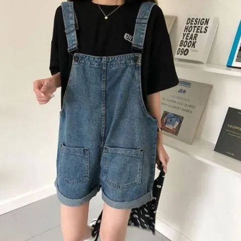 청바지 데님팬츠 중청 와이드핏 데님 멜빵 바지 여성 반 귀염 코