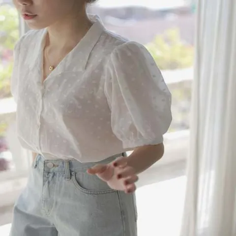 반팔블라우스 블라우스 프릴블라우스 시스루 퍼프소매 퍼프소매블라우스 반팔블라우스 프릴블라우스 여자블라우스 봄여름블라우스