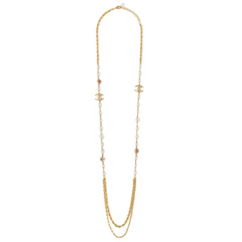 샤넬 골드 핑크 CC 크리스탈 펄 목걸이 ABA044