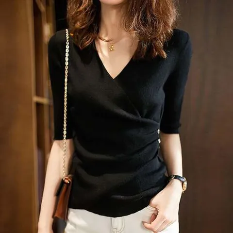 여성 상의 7부 반팔 브이넥 니트 티셔츠 블랙 여름니트 7부니트 여름니트티 가을니트 여성여름니트 여성니트반팔 봄니트 브이넥니트 여자반팔니트