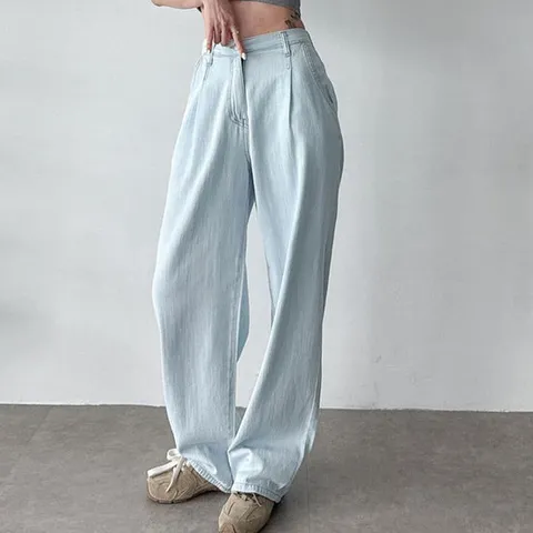 여자 여름데님 루즈핏 핀턱 스트레이트 뒷밴딩 청바지