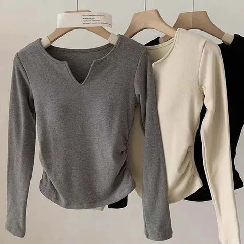 여성 트임 긴팔 노브라 티셔츠 패드내장 셔링 상의 여성티셔츠 긴팔티 여자긴팔티 노브라티 노브라티셔츠 패드티셔츠 내장패드 패드내장 슬림핏티셔츠