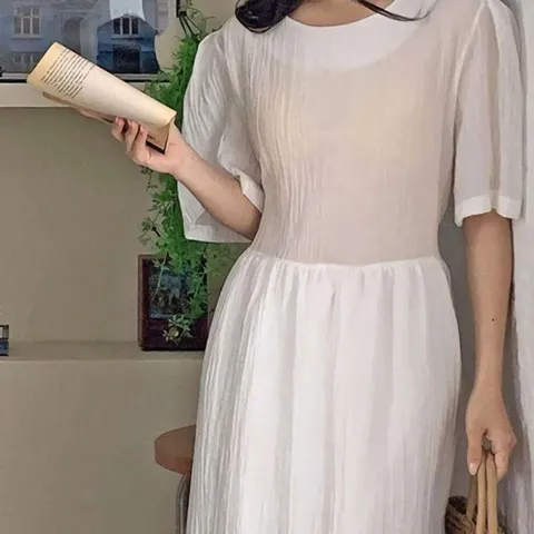 여성 쉬폰 퍼프 플레어 스트랩 롱 원피스