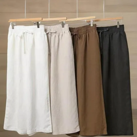 여성용 여름 린넨 레이온 밴딩 와이드 팬츠