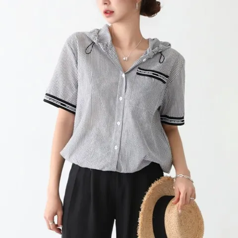 [메르시마리에] 49749 스트라이프 스트링 후드 셔츠