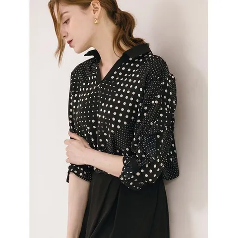 [막스까르띠지오](S/L) 쉬폰 러플 소매 도트 블라우스