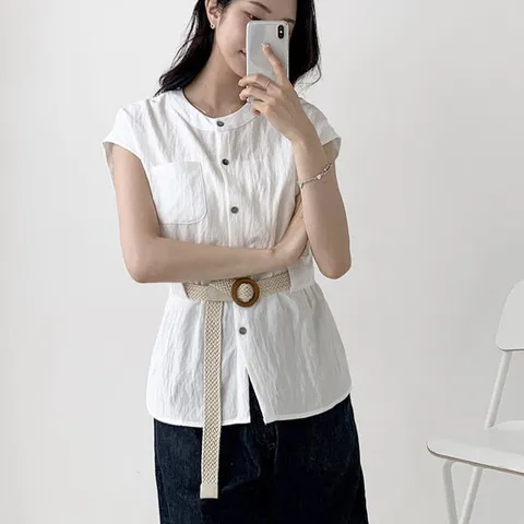 여성 여름 사무복 파스텔 색상 면 캡소매 벨트 블라우스