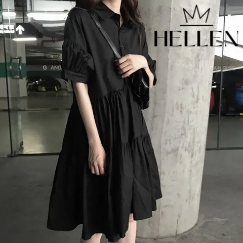 [헬렌] 블랙 캉캉 핀턱 미디 플레어 셔츠 원피스 틴더블랙원피스 B-259