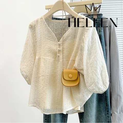 [헬렌] 브이넥 아일렛 레이스 크림 펀칭 블라우스 니나펀칭BL B-443