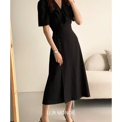 퍼프 소매 디테일 몸매보정 롱 원피스 데이트룩 하객룩 브이넥 슬림핏 반팔 롱원피스