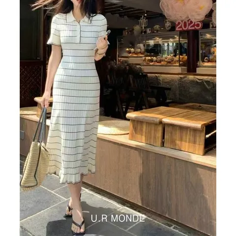 스트라이프 니트 롱 여름 원피스 카라넥 머메이드 반소매 슬림 원피스