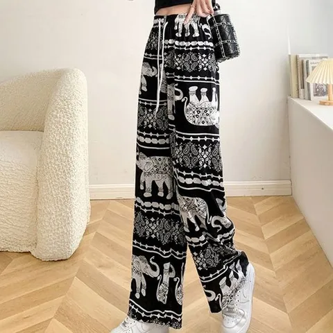 여자 여름 데일리 코끼리 패턴 허리밴딩 스트링 바지 여름바지 여성여름팬츠 편한바지 여성면바지 키작녀바지 옆지퍼슬랙스 여름부츠컷바지 여성치노팬츠