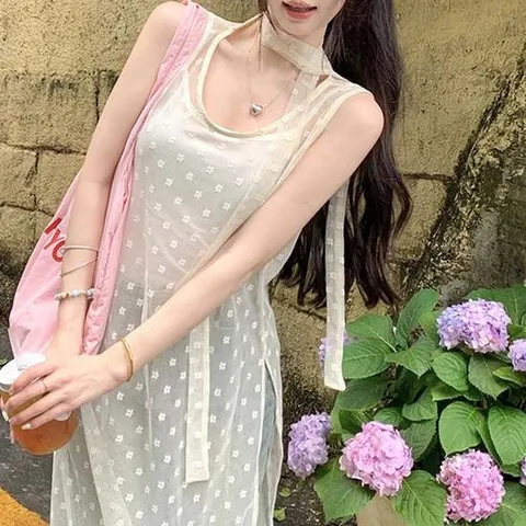 시스루 민소매 타이넥 플라워자수 레이어드원피스 시스루원피스 민소매원피스 타이넥원피스 플라워자수 자수원피스 레이어드원피스 여성원피스 하늘하늘룩