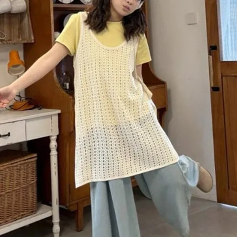 여성 여름 레이어드 메시 펀칭 슬릿 롱 조끼