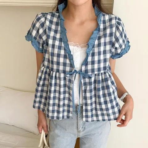 여성 체크 프릴 스트랩 반팔 린넨 블라우스