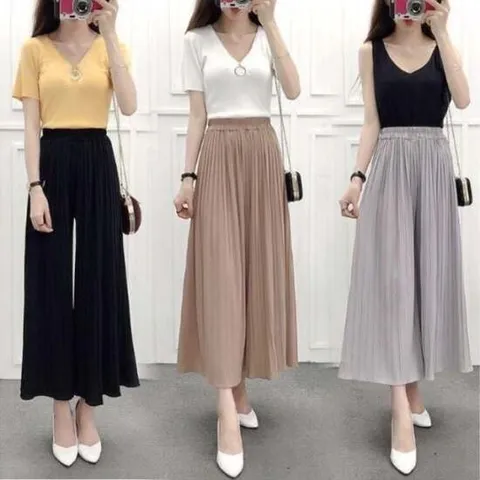 여성 여름 플리츠 쉬폰 와이드 팬츠 7컬러